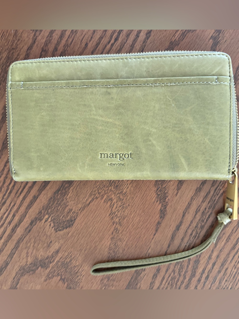 margot Olive Green Leather Zip Wristlet Wallet